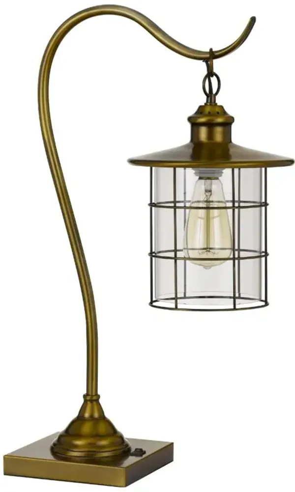 Hivvago 25" Antiqued Brass Metal Lantern Desk Lamp With Antiqued Brass Drum Shade