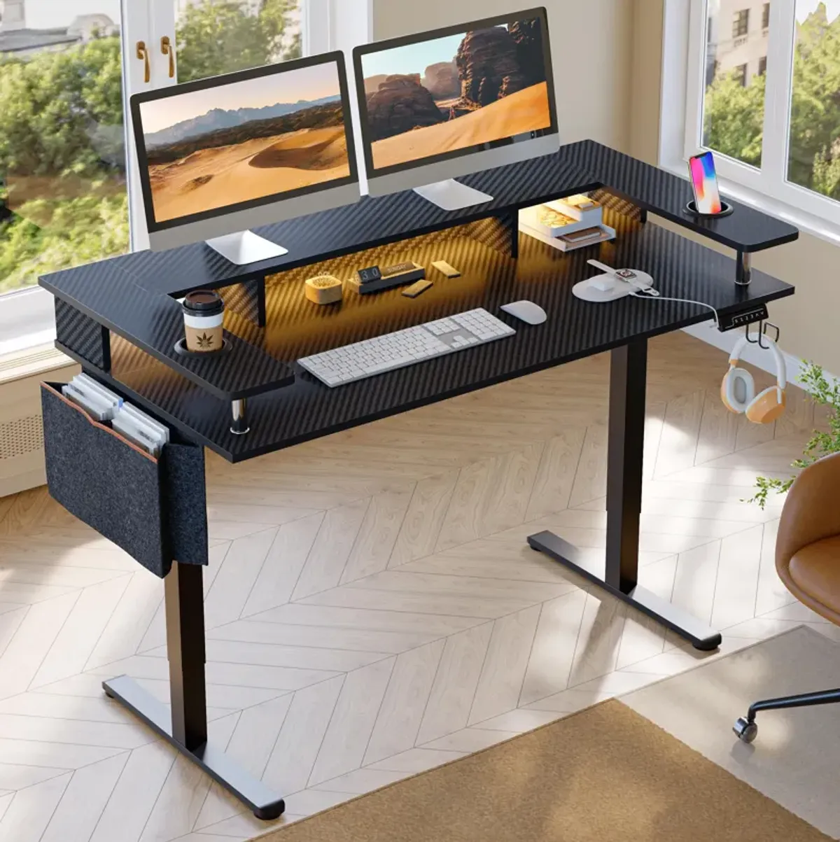 Bestier LED Electric Standing Desk Adjustable Height, 58x26 Inch Large Sit Stand Desk with Monitor Stand, Ergonomic Rising Offic