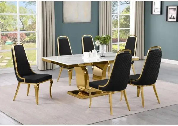 7pc Small(66") marble top dining set with gold base and 6 Black side chairs