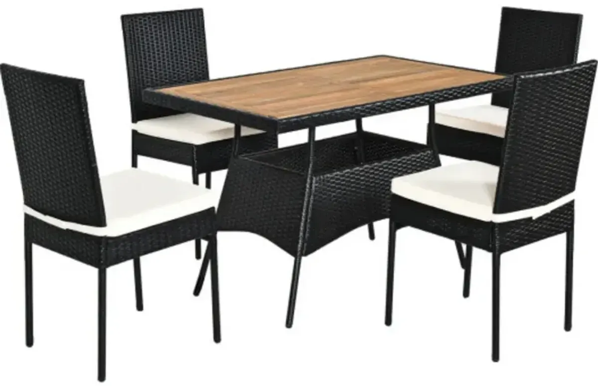 5 Pieces Patio Rattan Dining Set Table with Wooden Top