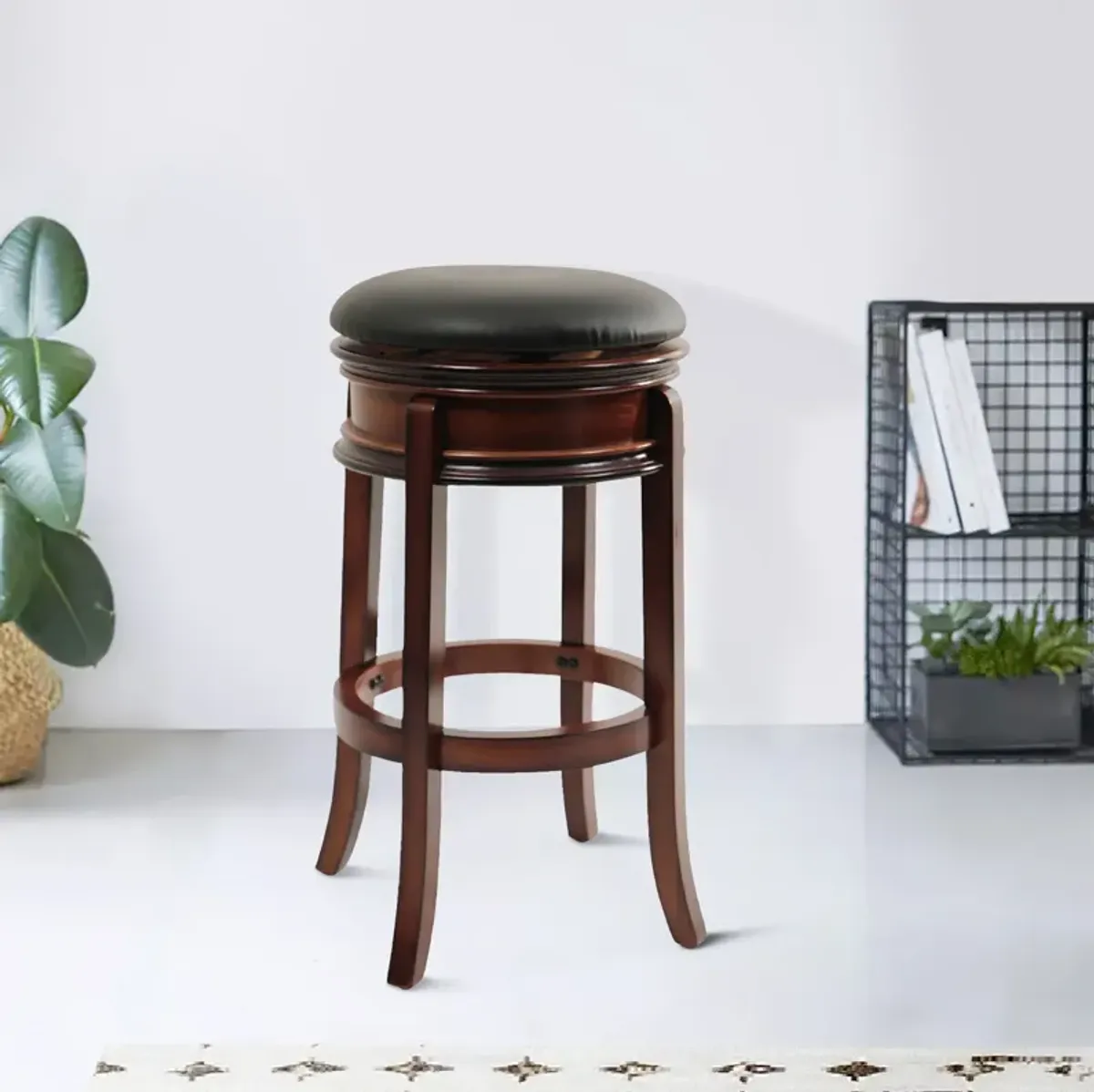 Sabi 29 inch Swivel Counter Stool, Solid Wood, Faux Leather, Brown, Black-Benzara