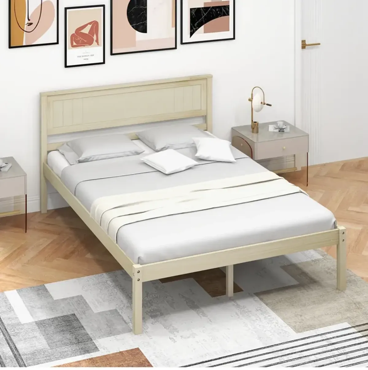 Wooden Bed Frame with Headboard and Slat Support