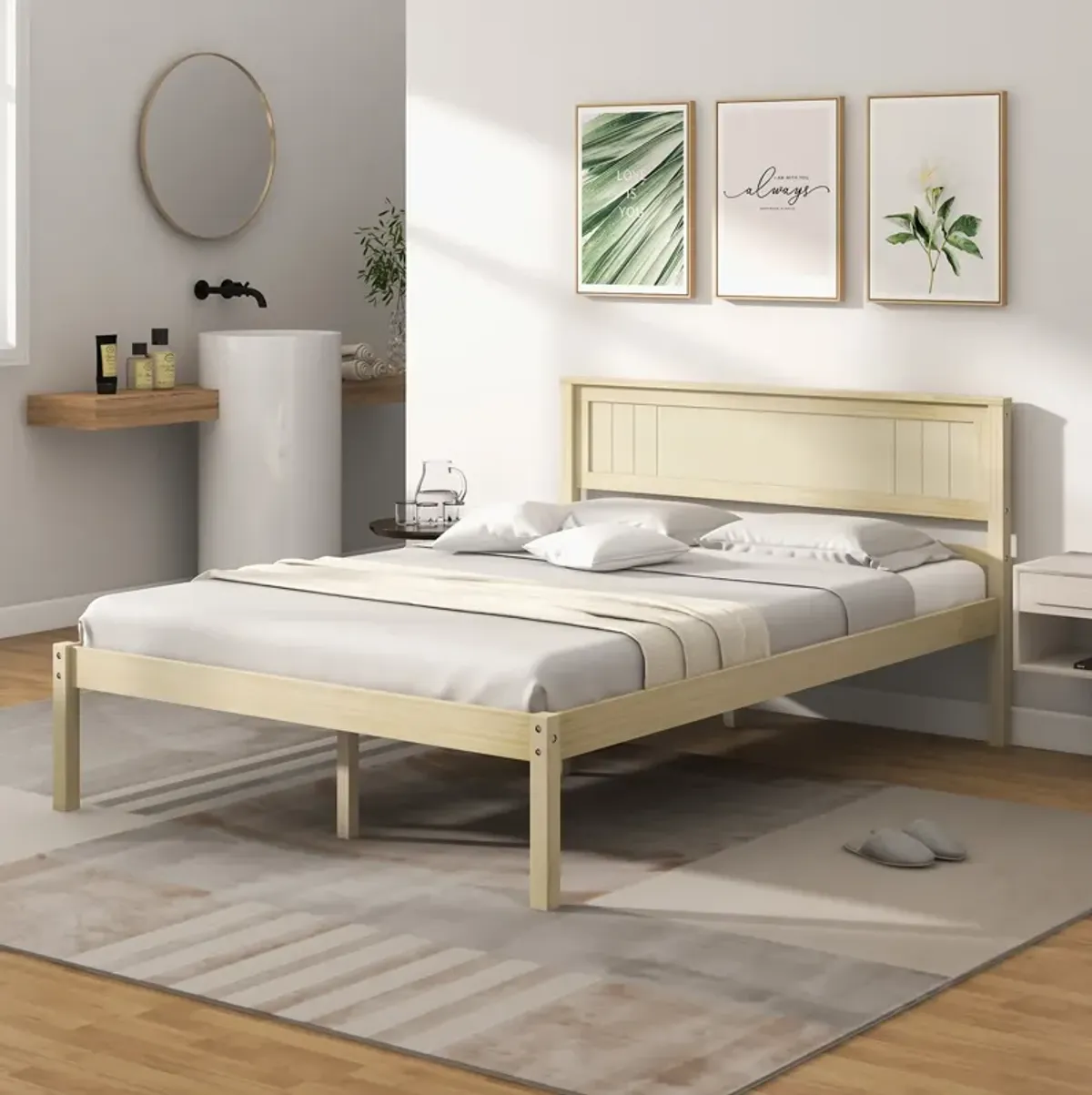 Wooden Bed Frame with Headboard and Slat Support