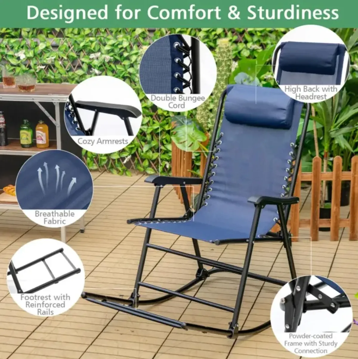 Hivvago Outdoor Patio Camping Lightweight Folding Rocking Chair with Footrest