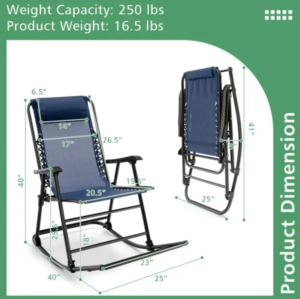 Hivvago Outdoor Patio Camping Lightweight Folding Rocking Chair with Footrest