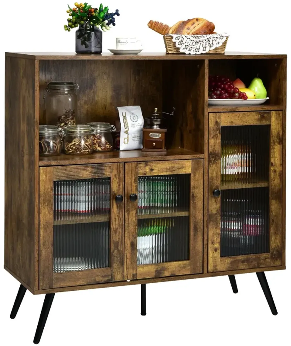 Buffet Kitchen Storage Cupboard with Glass Door and Adjustable Shelves-Rustic Brown