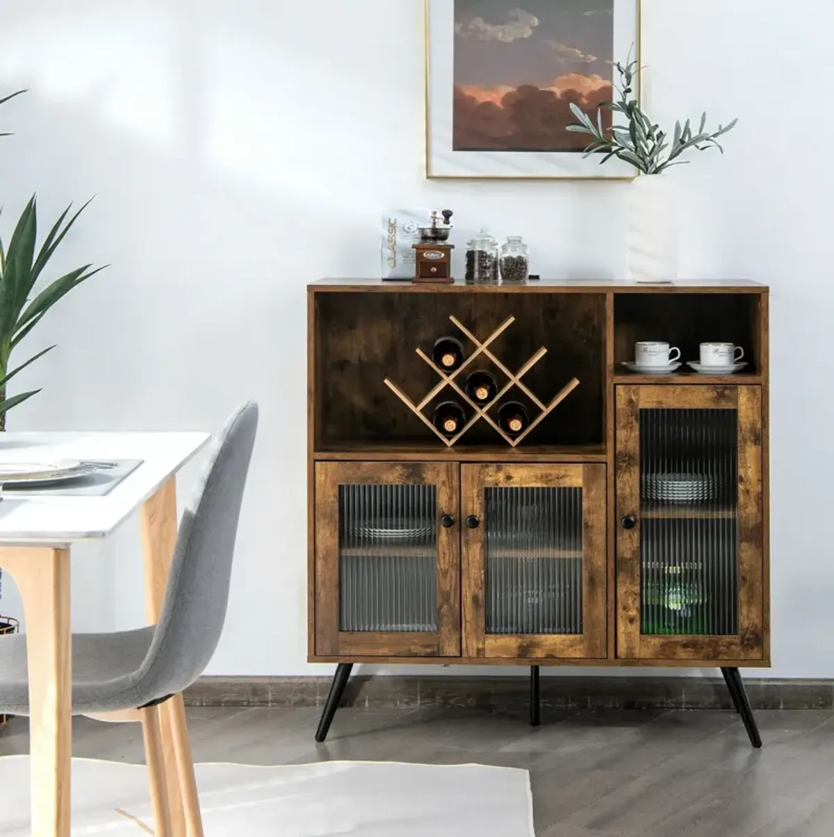 Buffet Kitchen Storage Cupboard with Glass Door and Adjustable Shelves-Rustic Brown