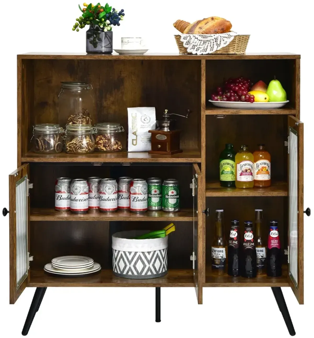 Buffet Kitchen Storage Cupboard with Glass Door and Adjustable Shelves-Rustic Brown