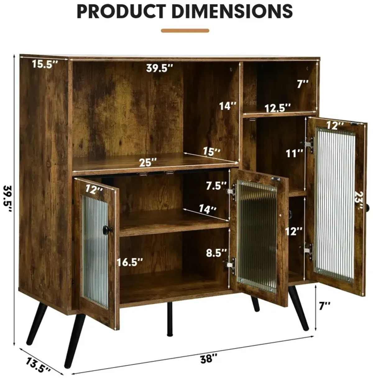 Buffet Kitchen Storage Cupboard with Glass Door and Adjustable Shelves-Rustic Brown