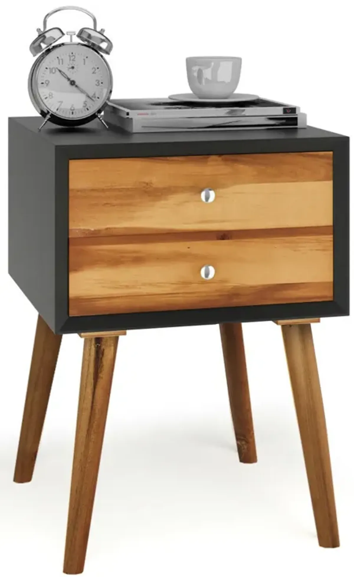 Wooden Nightstand Mid-Century End Side Table with 2 Storage Drawers