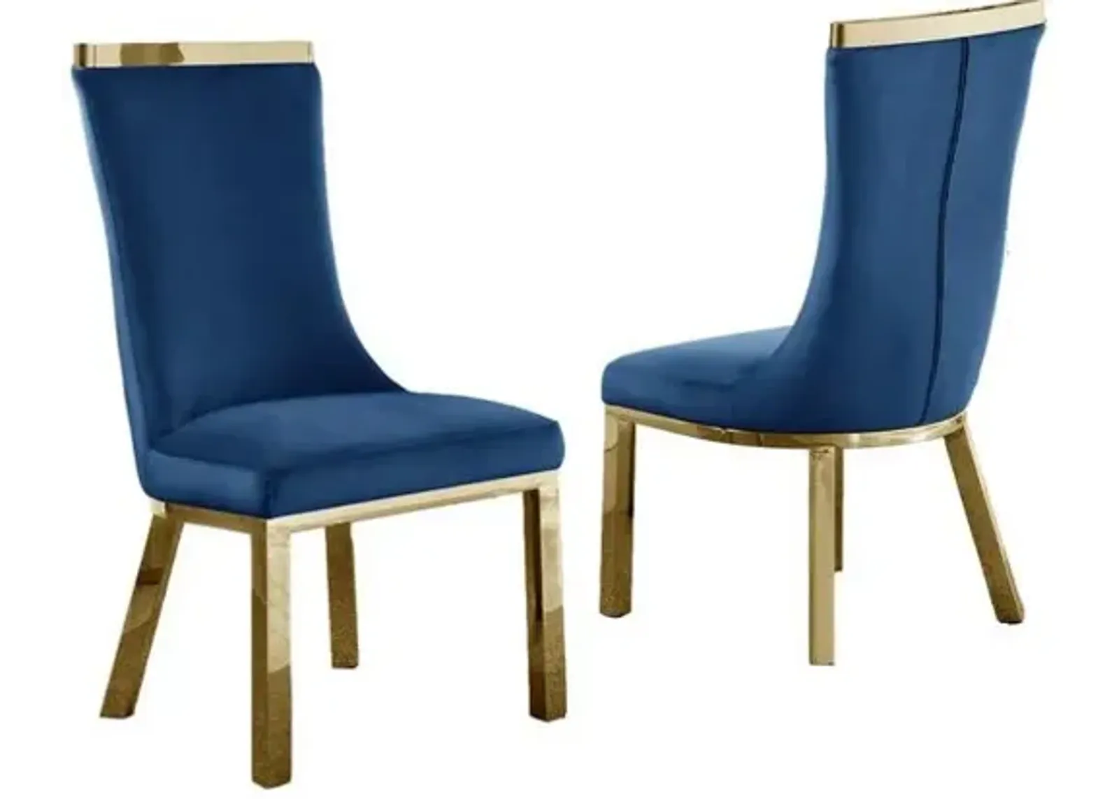 Upholstered dining chairs set of 2 in Navy blue velvet fabric, gold colored stainless steel base