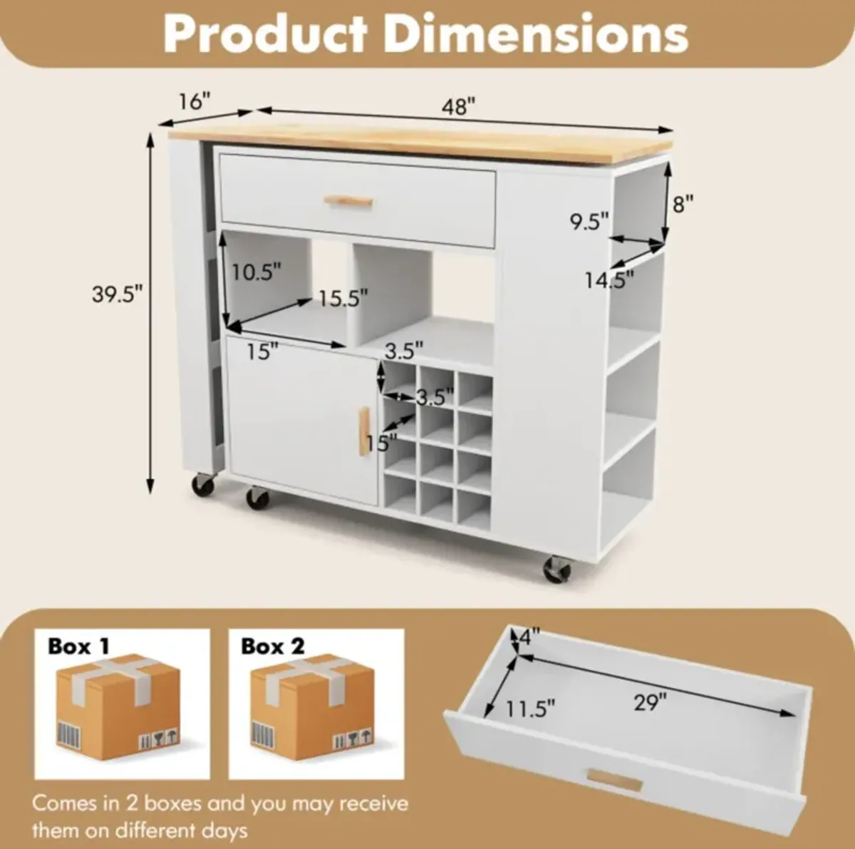 Hivvago Reversible Folding Kitchen Island Cart with Wine Rack and Spice Rack