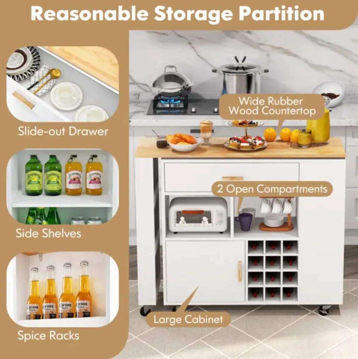 Hivvago Reversible Folding Kitchen Island Cart with Wine Rack and Spice Rack