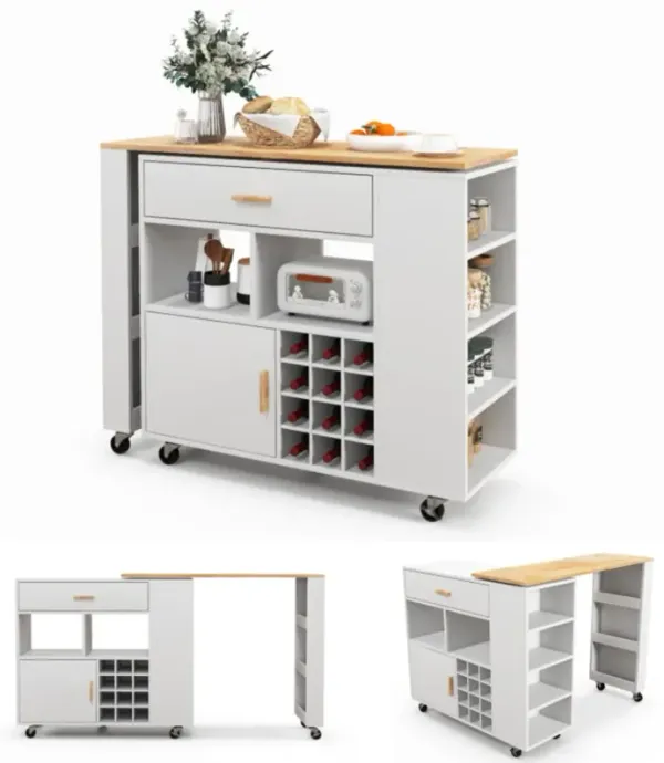 Hivvago Reversible Folding Kitchen Island Cart with Wine Rack and Spice Rack