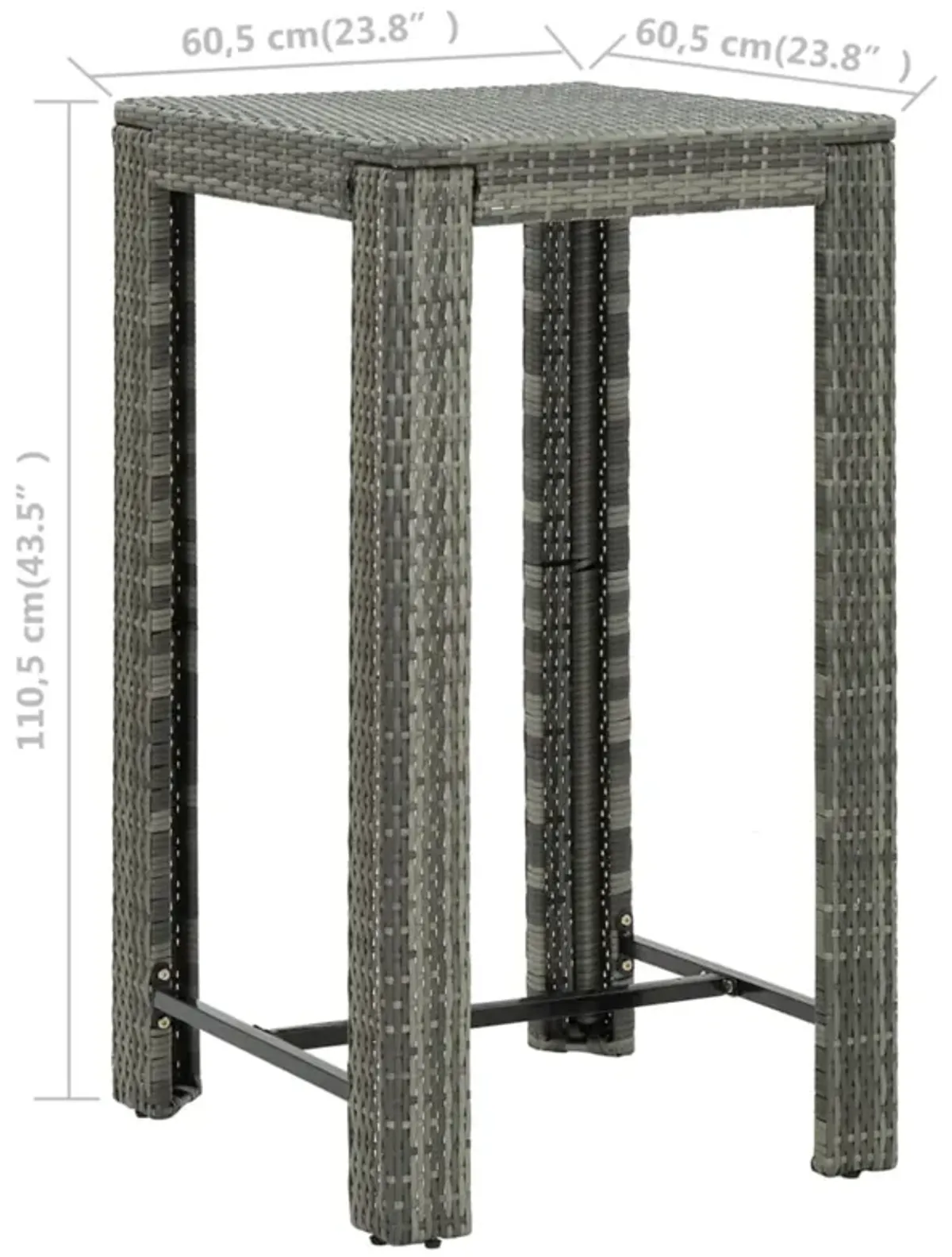 vidaXL Garden Bar Table Gray 23.8"x23.8"x43.5" Poly Rattan