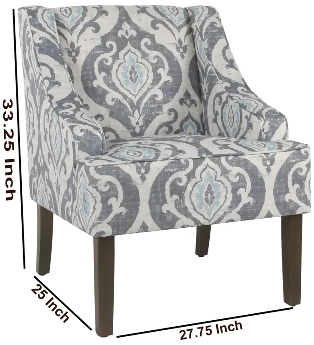 Fabric Upholstered Wooden Accent Chair with Swooping Armrests and Damask Pattern Design, Multicolor - Benzara