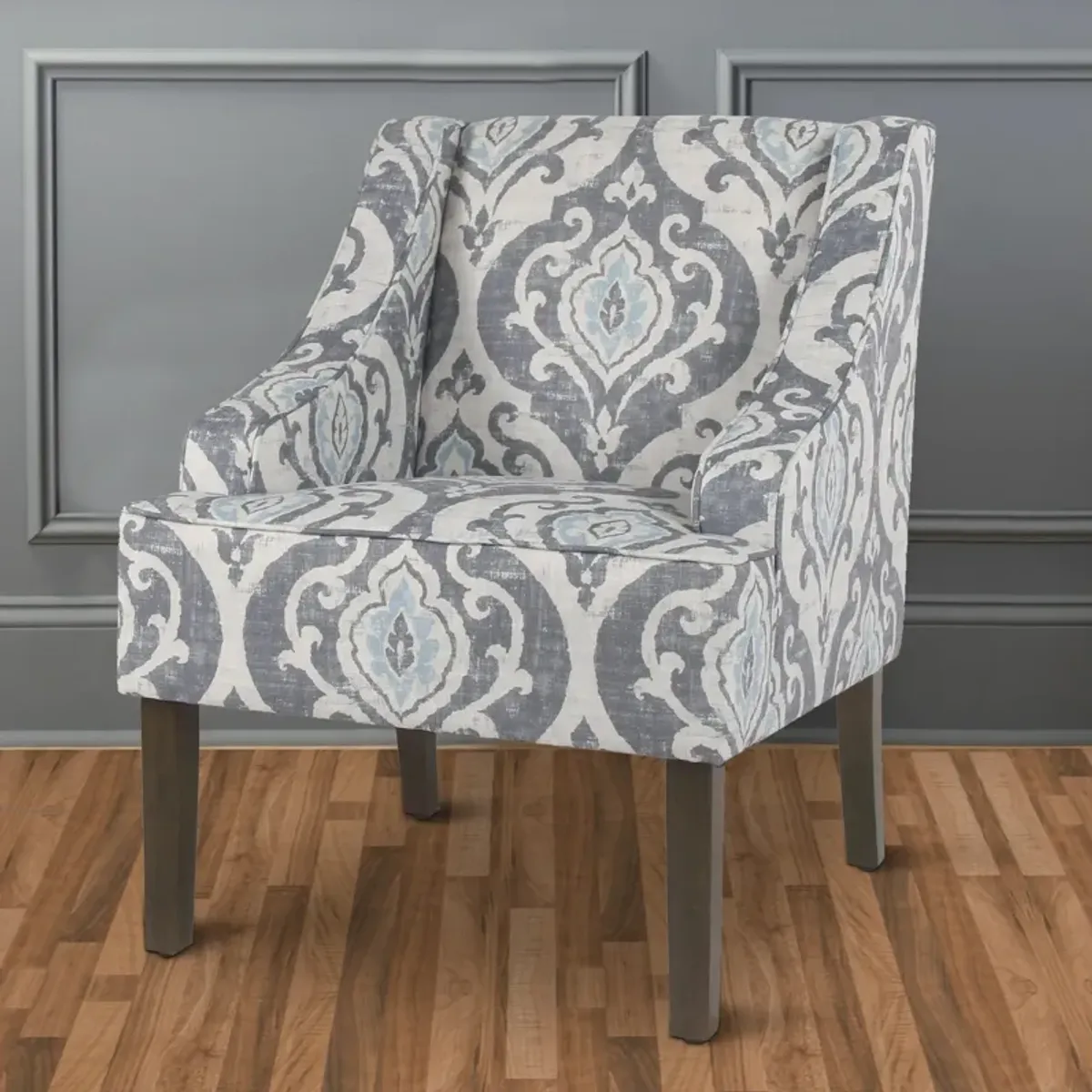 Fabric Upholstered Wooden Accent Chair with Swooping Armrests and Damask Pattern Design, Multicolor - Benzara