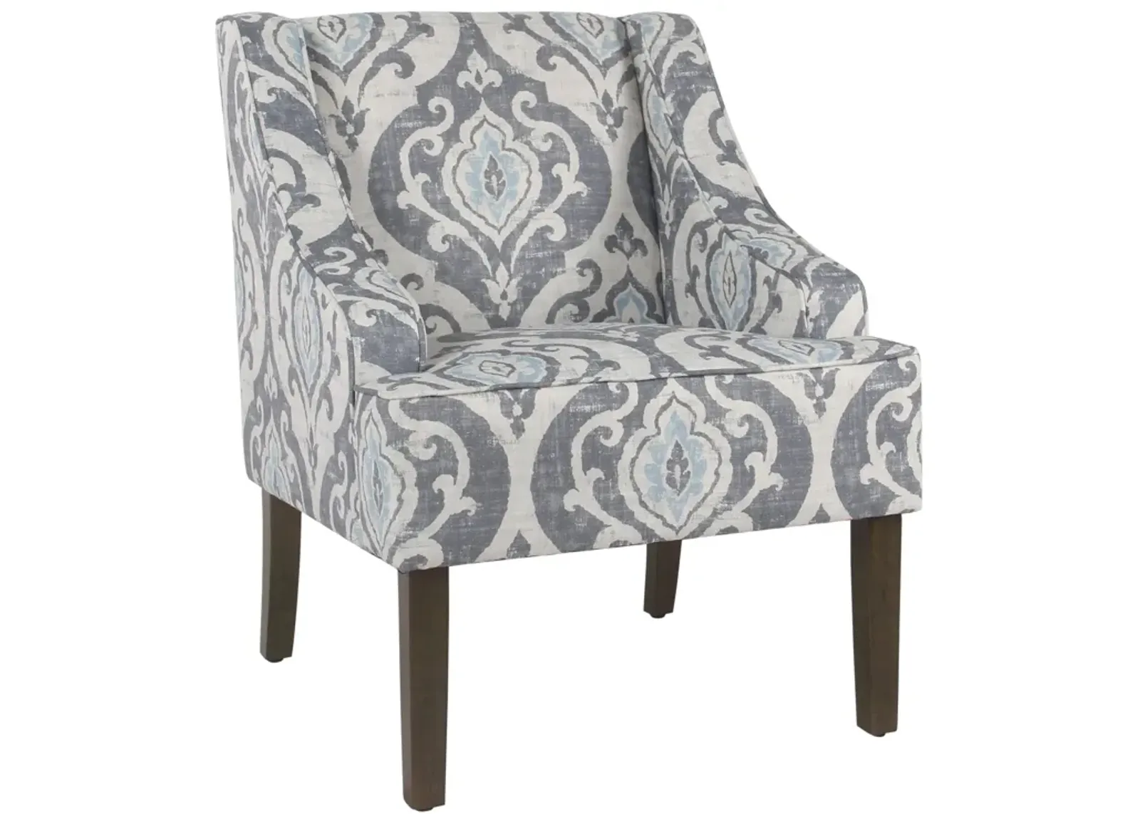 Fabric Upholstered Wooden Accent Chair with Swooping Armrests and Damask Pattern Design, Multicolor - Benzara