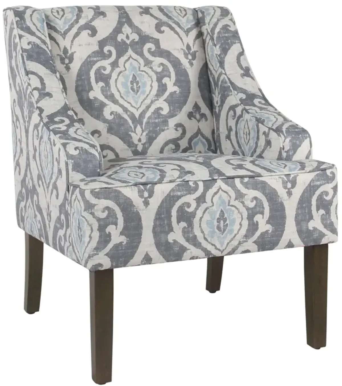 Fabric Upholstered Wooden Accent Chair with Swooping Armrests and Damask Pattern Design, Multicolor - Benzara