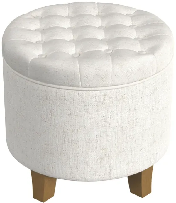 Wes Round Storage Ottoman, Cream Woven Fabric, Hardwood, 19 Inch - Benzara