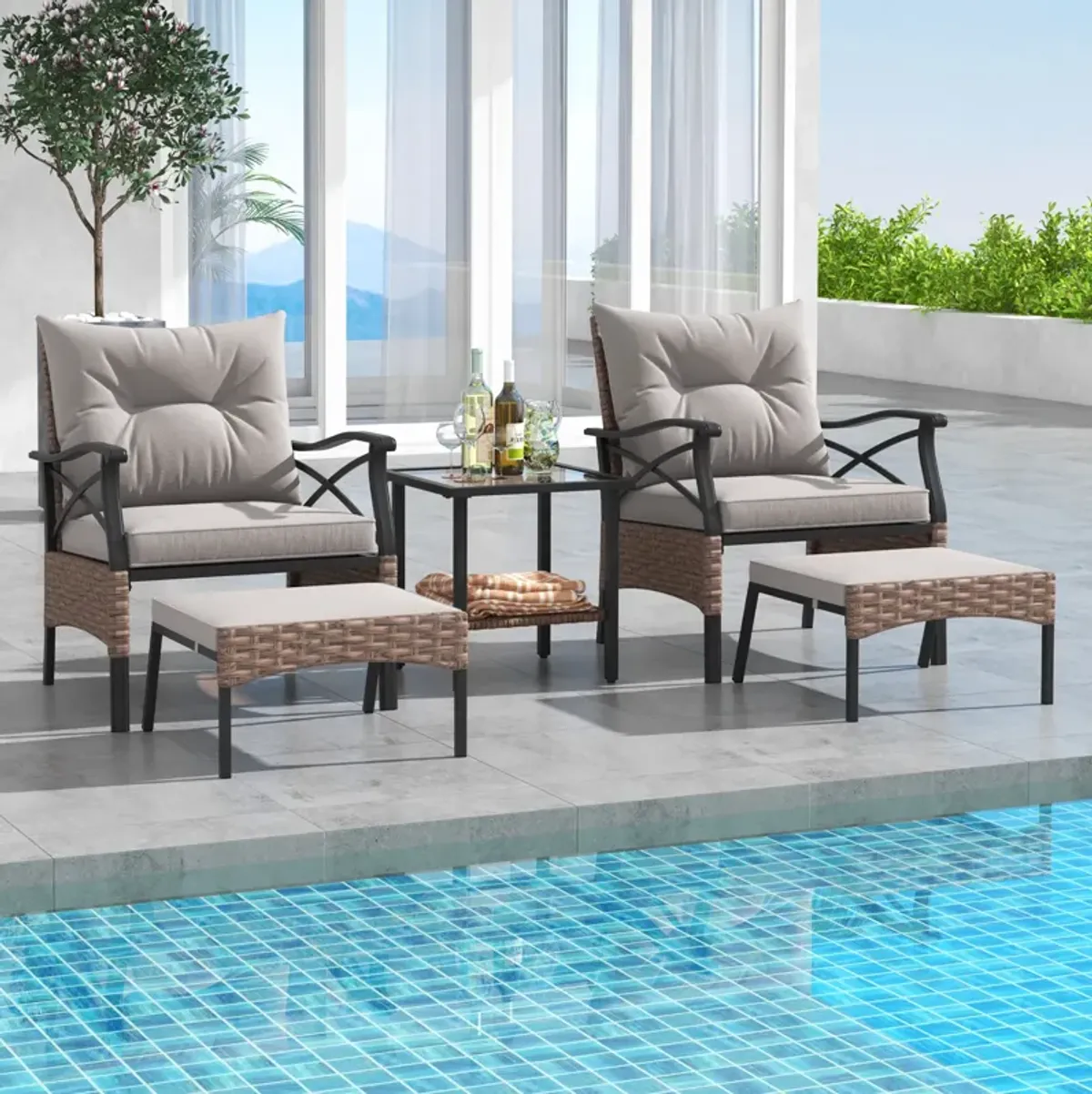 5-Piece Wicker Patio Furniture Set with Ottomans, Cushions, and 2-Tier Tempered Glass Side Table