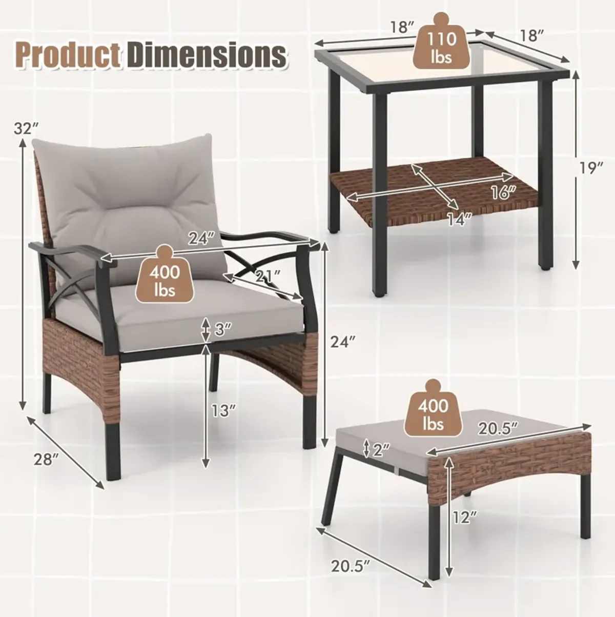 5-Piece Wicker Patio Furniture Set with Ottomans, Cushions, and 2-Tier Tempered Glass Side Table