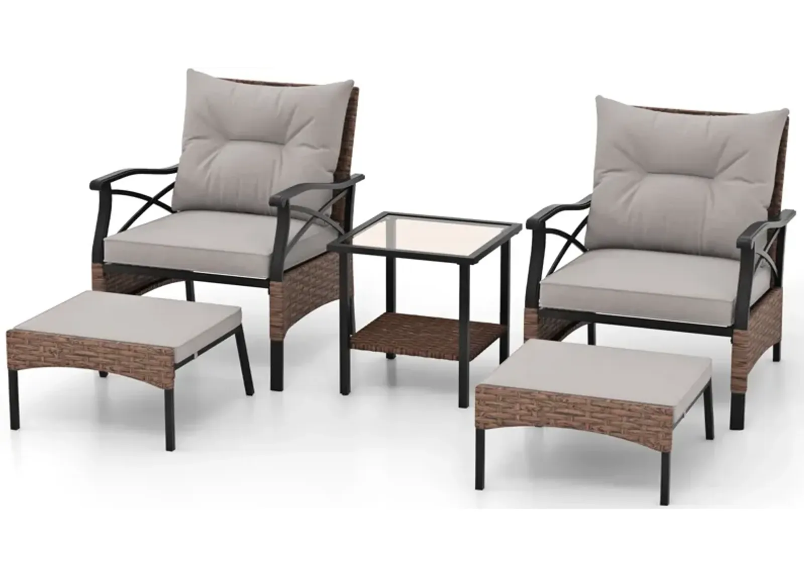 5-Piece Wicker Patio Furniture Set with Ottomans, Cushions, and 2-Tier Tempered Glass Side Table