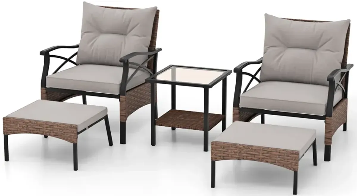 5-Piece Wicker Patio Furniture Set with Ottomans, Cushions, and 2-Tier Tempered Glass Side Table