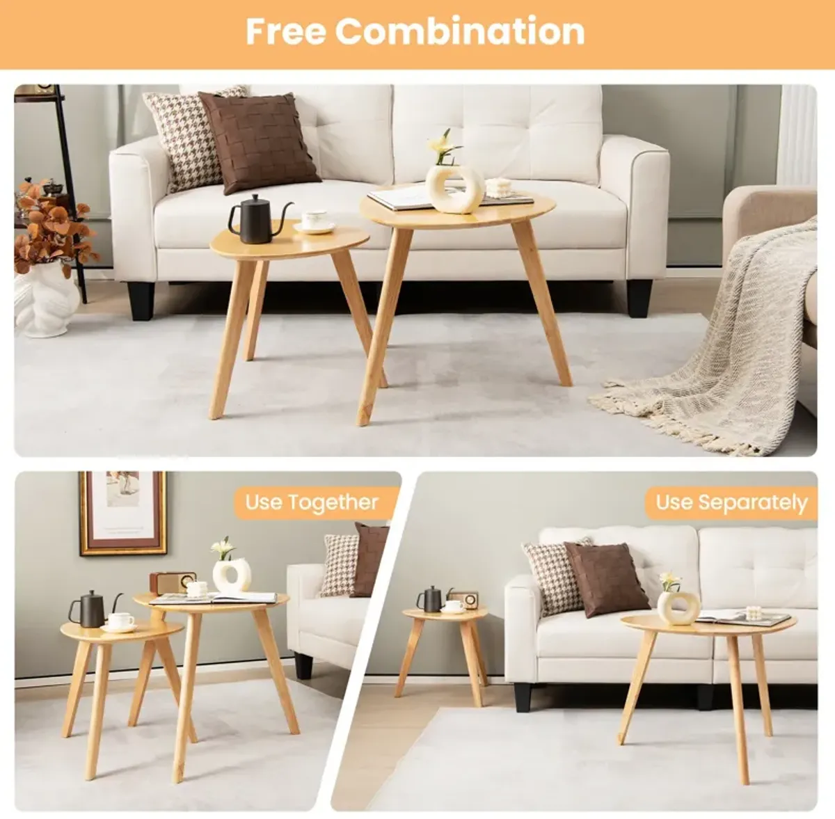 Set of 2 Triangle Modern Coffee Table Rubber Wood for Living Room-Natural