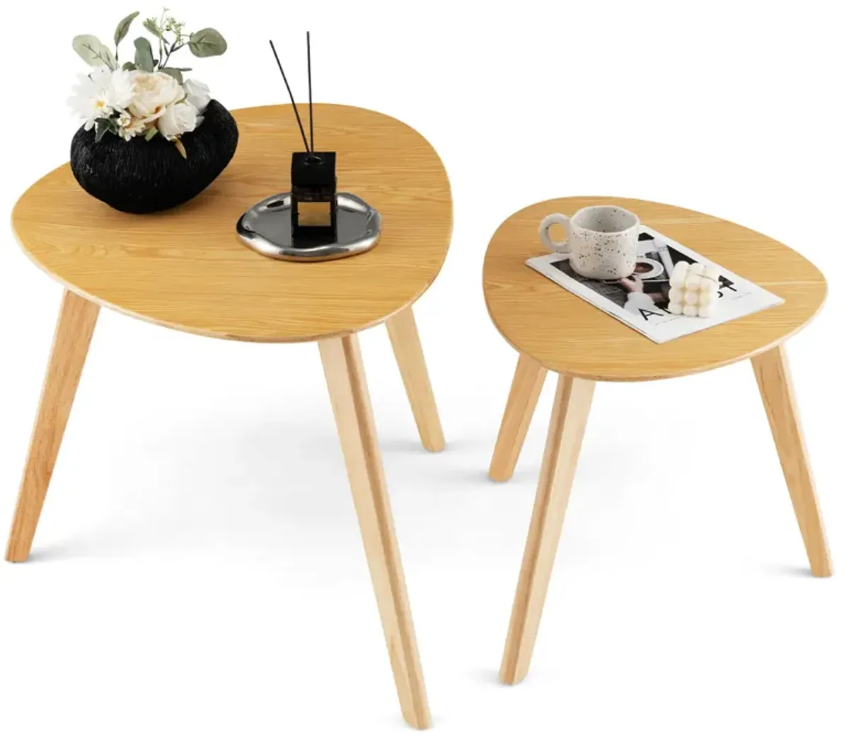 Set of 2 Triangle Modern Coffee Table Rubber Wood for Living Room-Natural