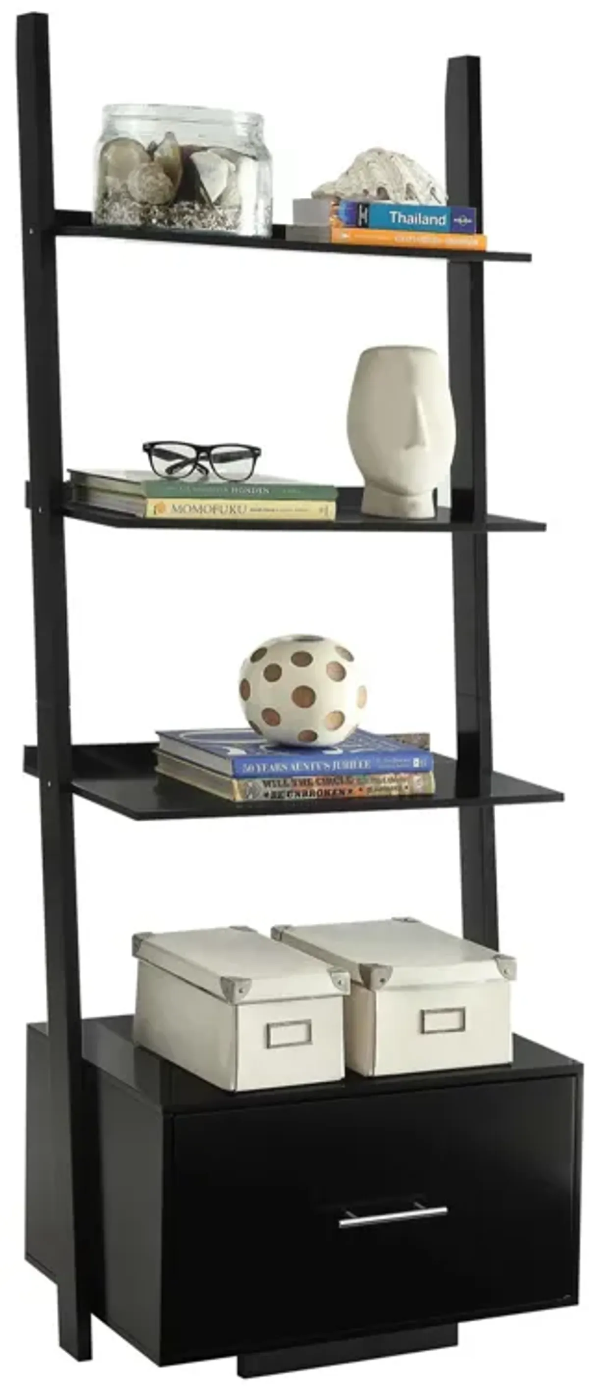 Convenience Concepts American Heritage Ladder Bookcase with File Drawer, Black