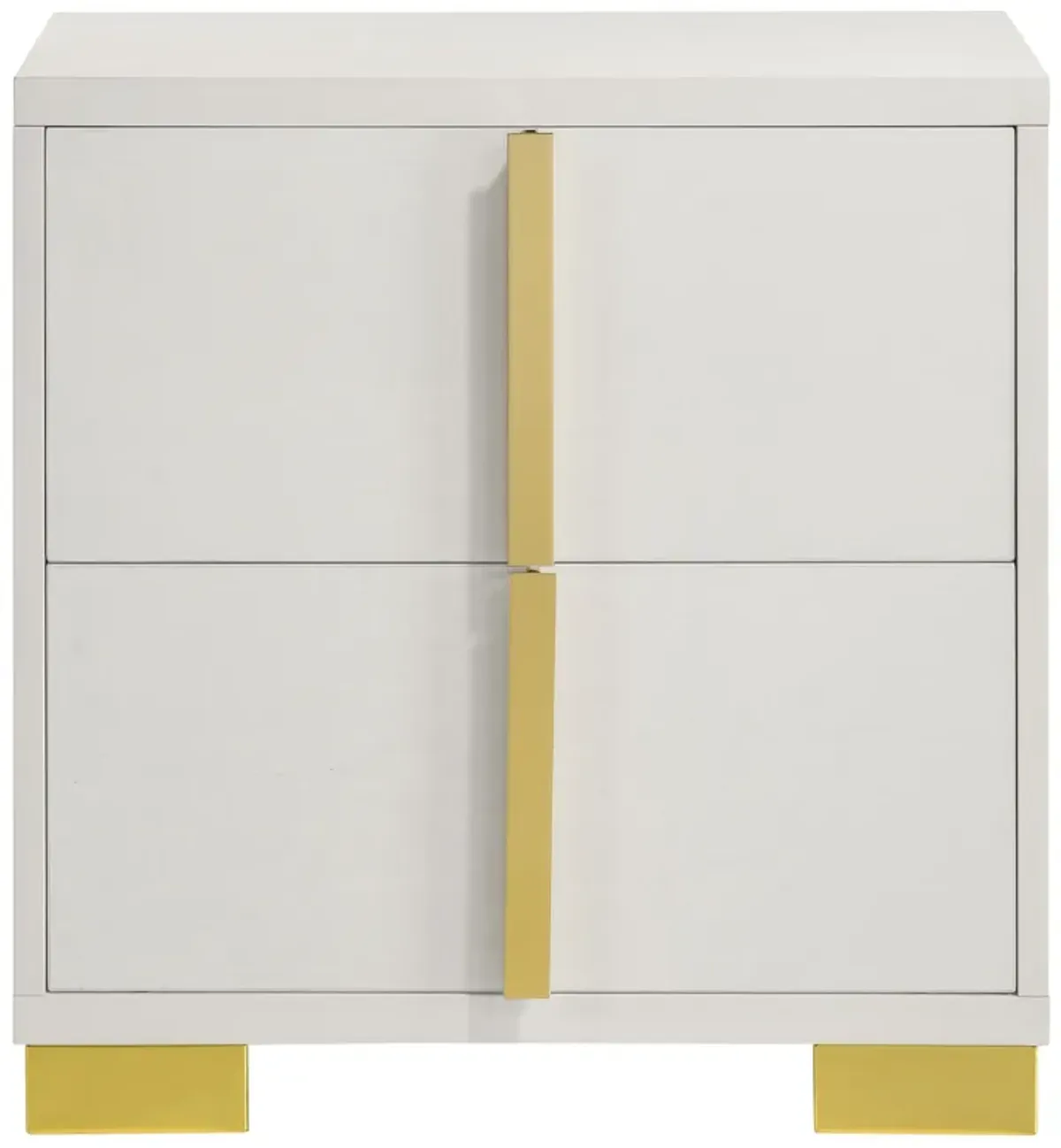 Dex 22 Inch Nightstand, 2 Drawers with Long Vertical Gold Handles, White - Benzara