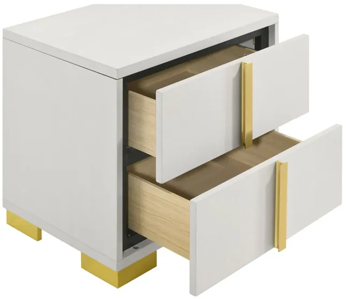 Dex 22 Inch Nightstand, 2 Drawers with Long Vertical Gold Handles, White - Benzara