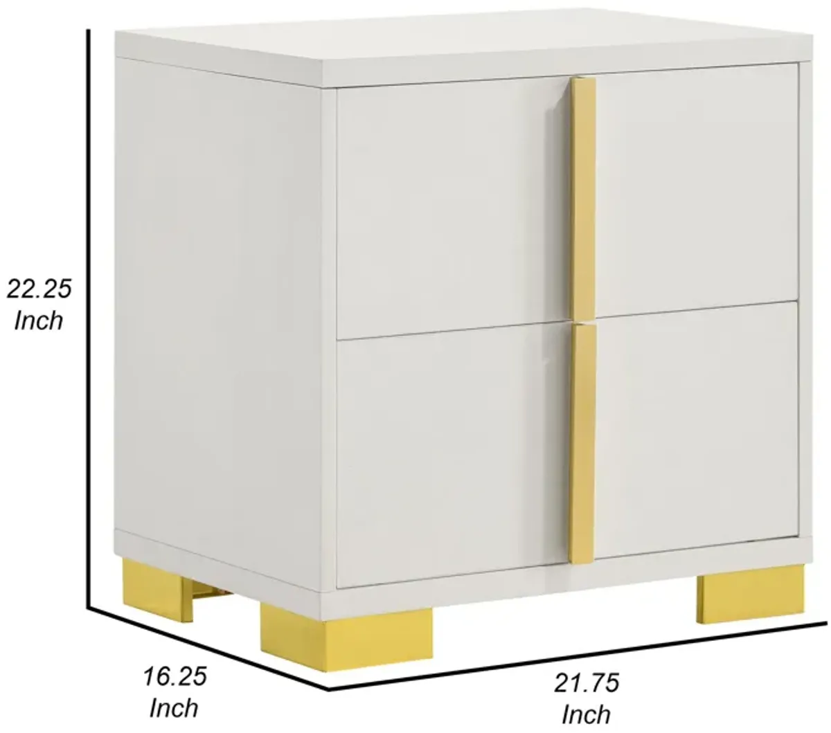 Dex 22 Inch Nightstand, 2 Drawers with Long Vertical Gold Handles, White - Benzara