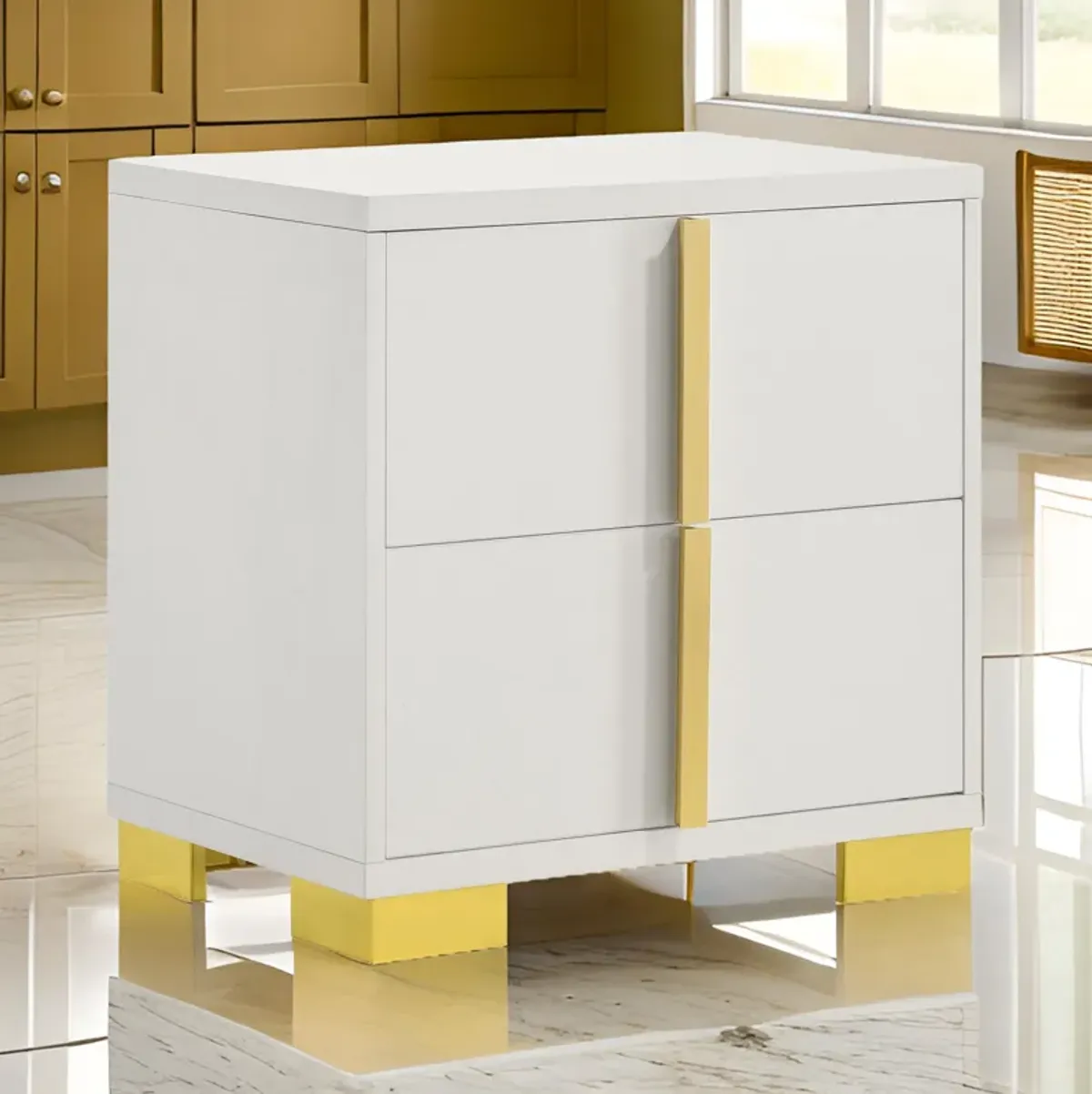 Dex 22 Inch Nightstand, 2 Drawers with Long Vertical Gold Handles, White - Benzara