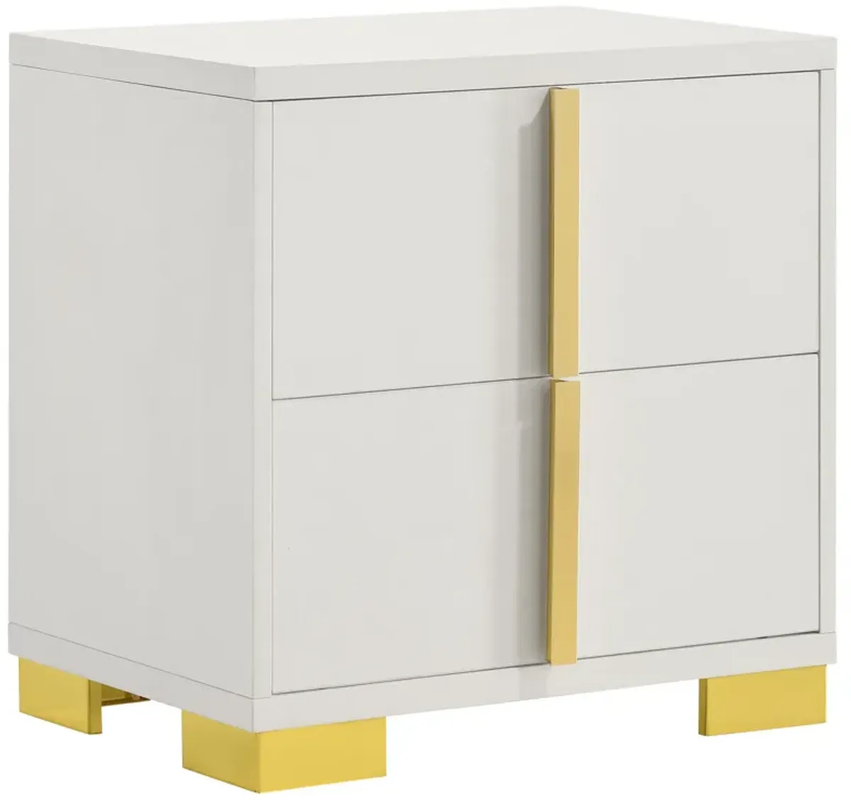 Dex 22 Inch Nightstand, 2 Drawers with Long Vertical Gold Handles, White - Benzara