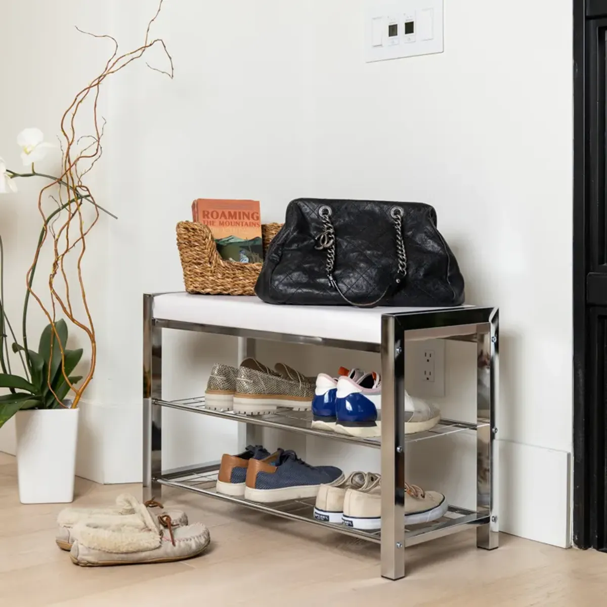 Leatherette Storage Entryway Bench and Shoe Rack with Metal Frame