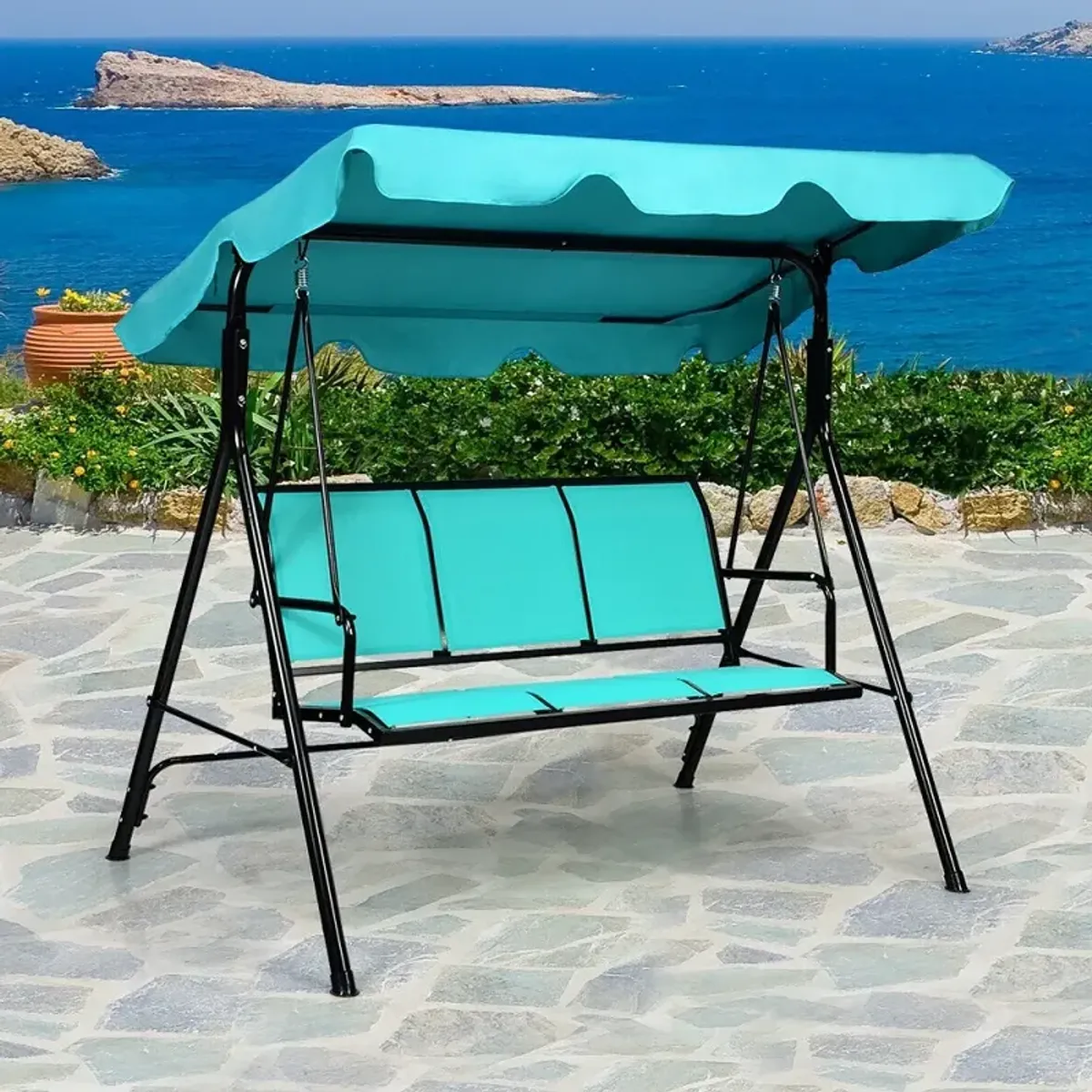 3 Person Steel Frame Patio Swing with Polyester Angle and Adjustable Canopy