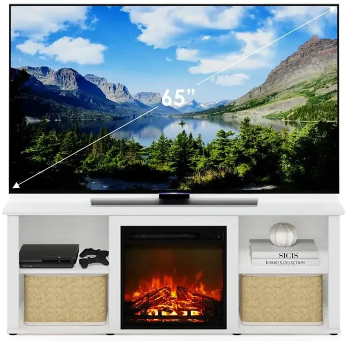 Furinno Classic 60 Inch TV Stand with Fireplace, Solid White