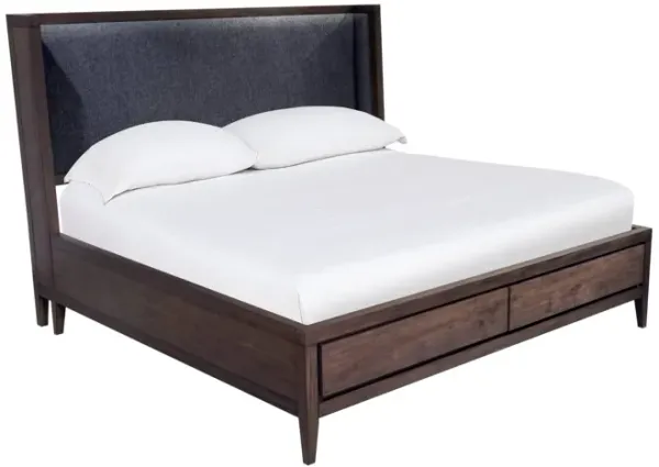 Enzo California King Storage Bed, Upholstered Headboard, Brown Mahogany - Benzara