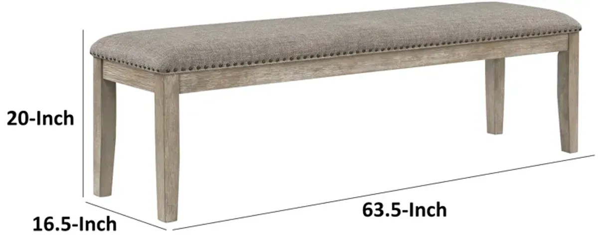 Ruth 64 Inch Bench, Nailhead Trim, Polyester Upholstery, Gray Solid Wood - Benzara