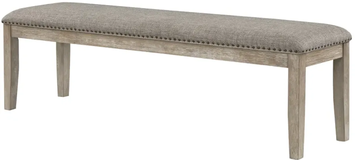 Ruth 64 Inch Bench, Nailhead Trim, Polyester Upholstery, Gray Solid Wood - Benzara