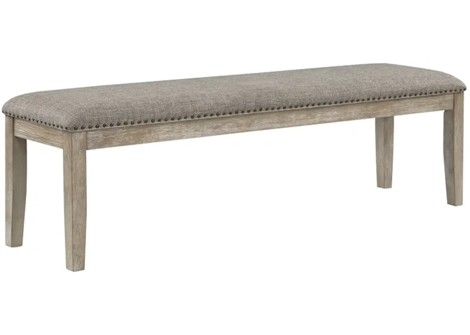 Ruth 64 Inch Bench, Nailhead Trim, Polyester Upholstery, Gray Solid Wood - Benzara