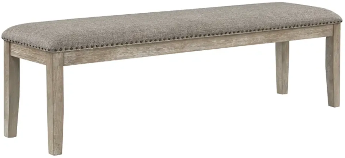 Ruth 64 Inch Bench, Nailhead Trim, Polyester Upholstery, Gray Solid Wood - Benzara