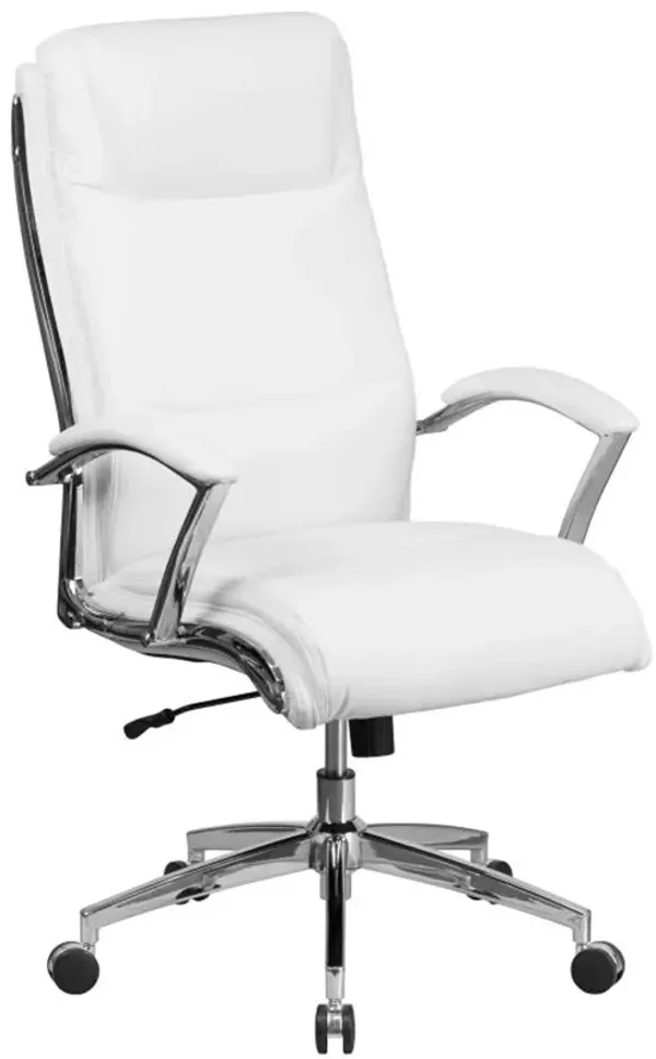 Rebecca High Back Designer White LeatherSoft Smooth Upholstered Executive Swivel Office Chair with Chrome Base and Arms