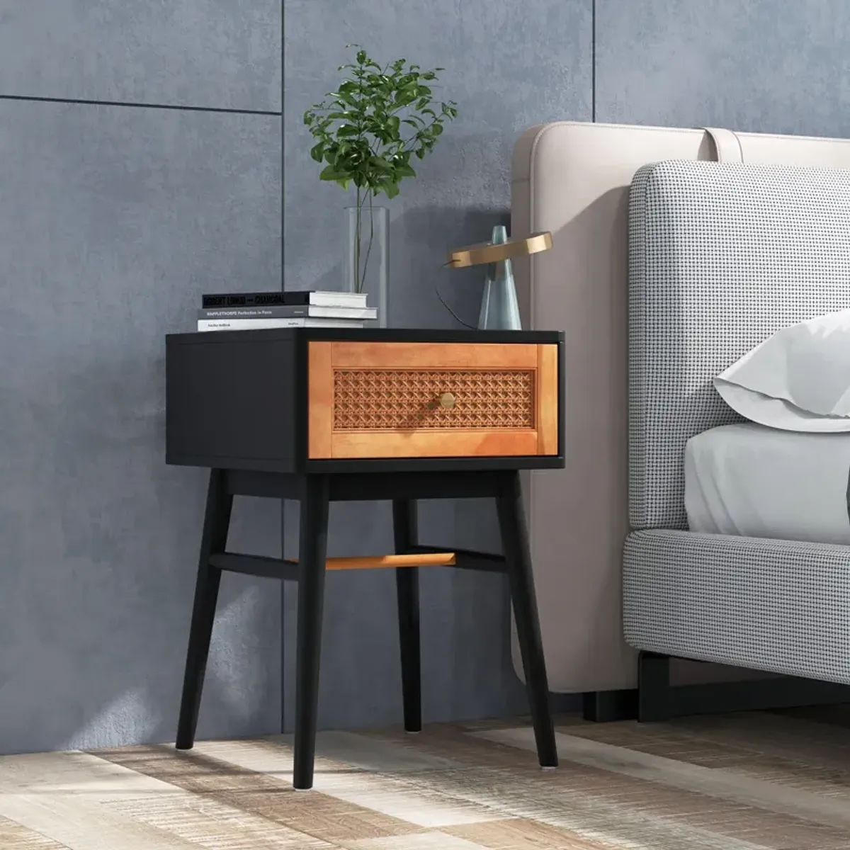 1-Drawer Modern Bedside Table with Solid Wood Legs