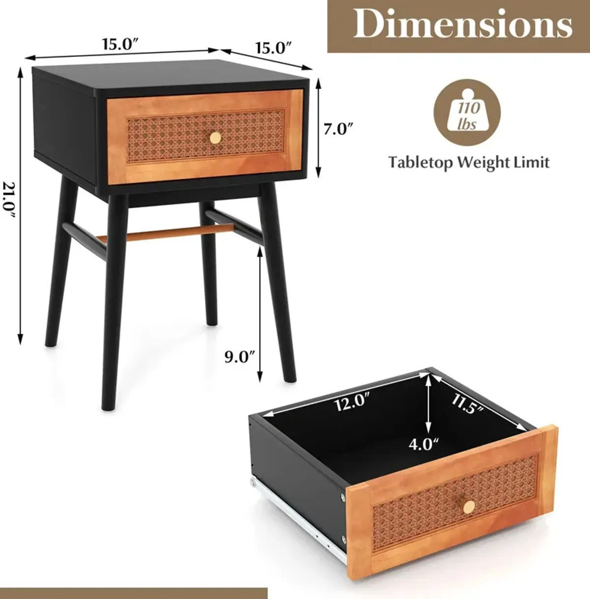 1-Drawer Modern Bedside Table with Solid Wood Legs