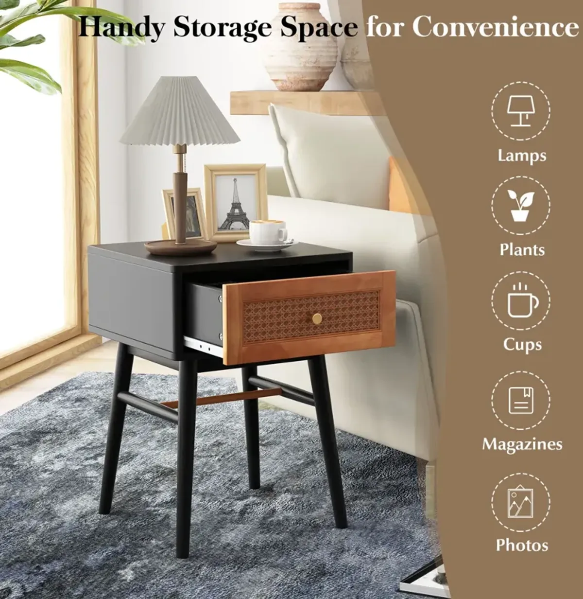 1-Drawer Modern Bedside Table with Solid Wood Legs