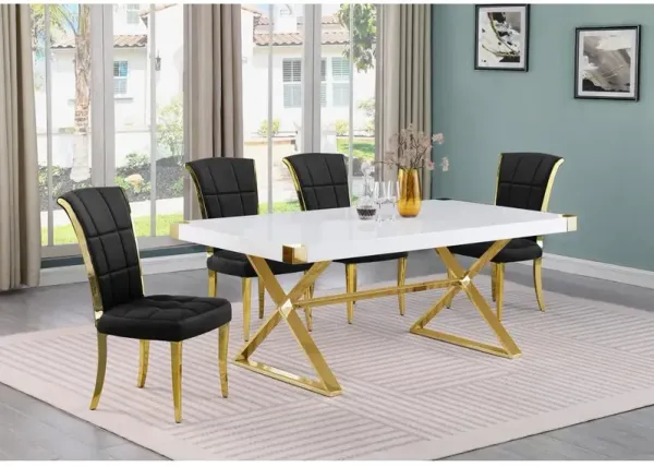 Best Quality Furniture 5pc Small(78) white wood top dining set with gold base and 4 Black side chairs