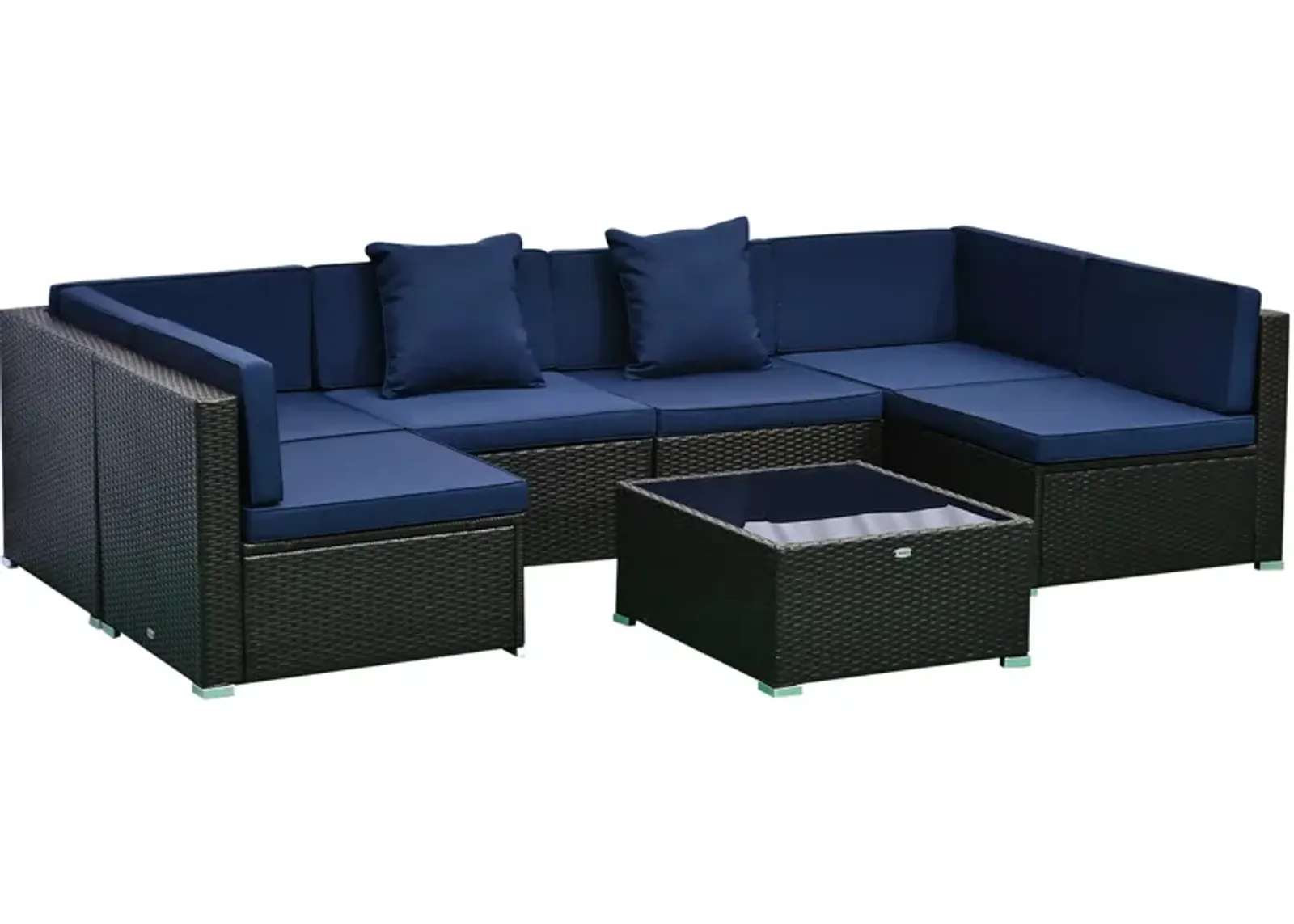 Outsunny 7 Piece Outdoor Patio Furniture Set with Cushions, All Weather PE Rattan Outdoor Sectional Patio Furniture Set, Wicker Conversation Sets with Glass Top Coffee Table, Blue